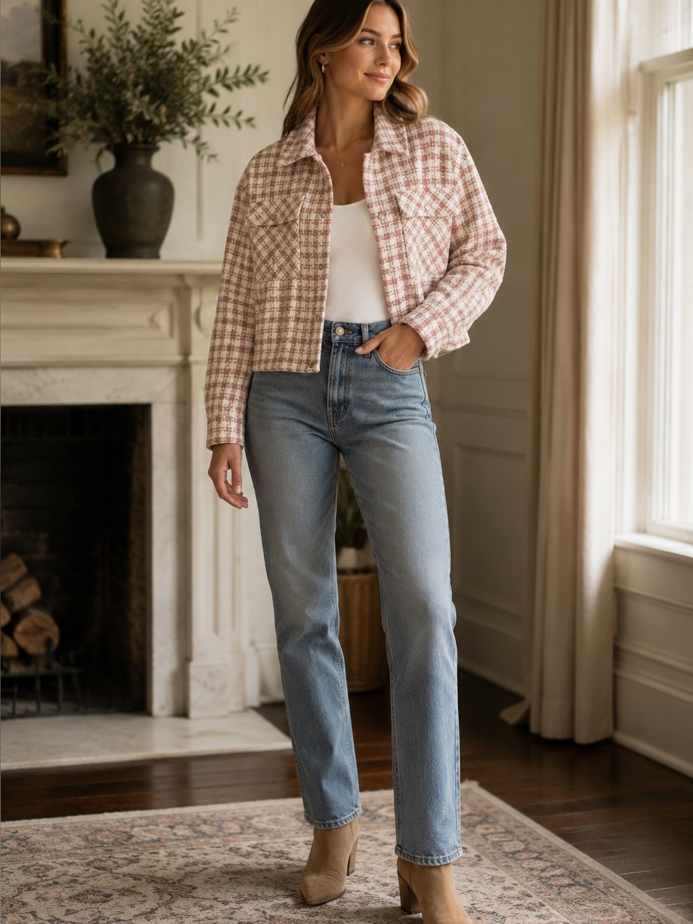 PLM Blush Pink Textured Plaid Cropped Shacket Jacket XS Snap Front